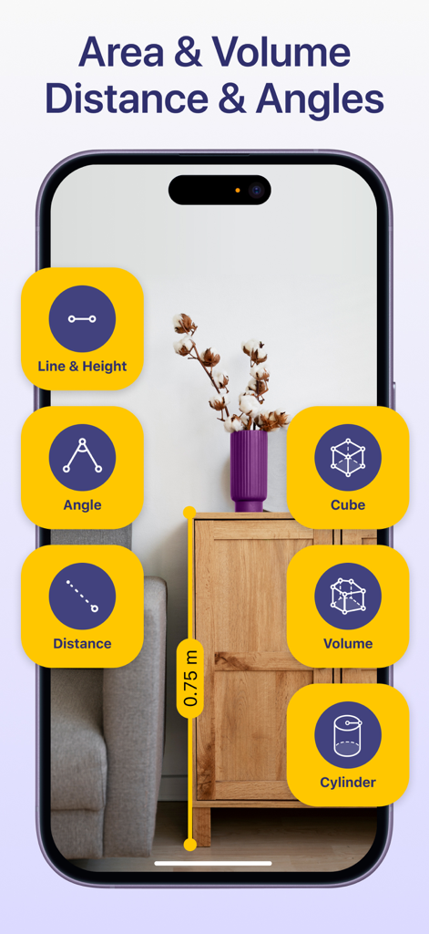 AR Ruler app interface measuring the height of a wooden cabinet in a room using augmented reality technology