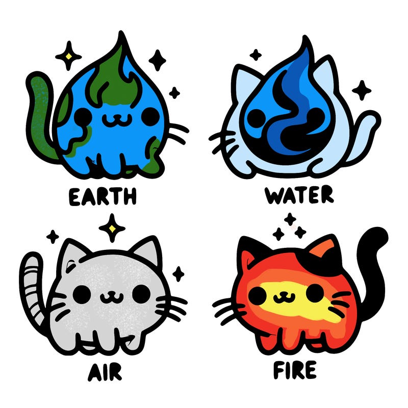 4 cats that represent the different elements, earth, water, air, and fire