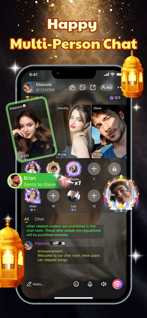 Application mobile Soulsky montrant un salon de discussion vocale multi-personnes avec des profils d'utilisateurs et des animations de cadeaux virtuels