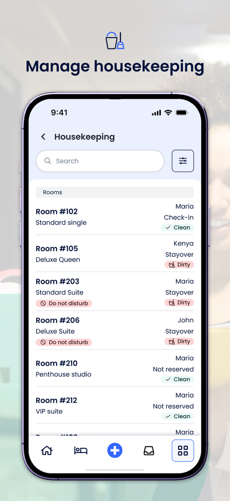Cloudbeds - Cloudbeds mobile app housekeeping dashboard showing room cleaning status and assignments
