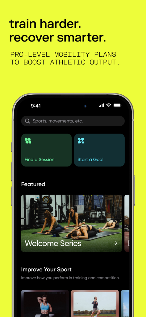 pliability: stretch + mobility - Home screen of the pliability app showing featured mobility sessions and training goals