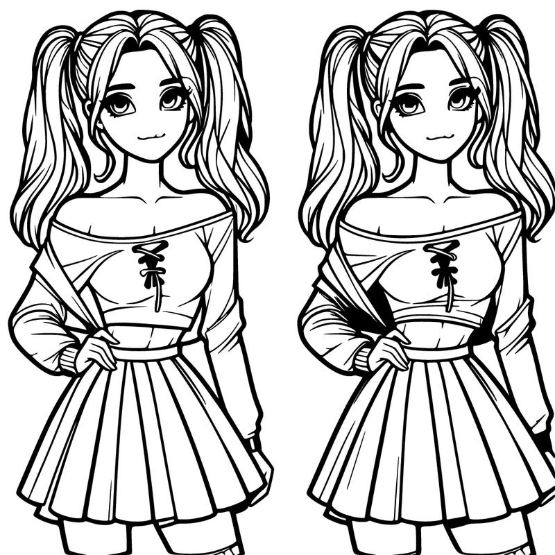 realistic girl with high pigtails wearing a cropped shirt that hangs off her shoulder and a skirt
