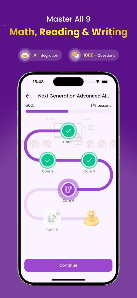 Accuplacer Exam Training 2026 - 수학, 독해, 작문 Accuplacer 시험 준비를 위한 학습 진행 맵을 표시하는 앱 인터페이스