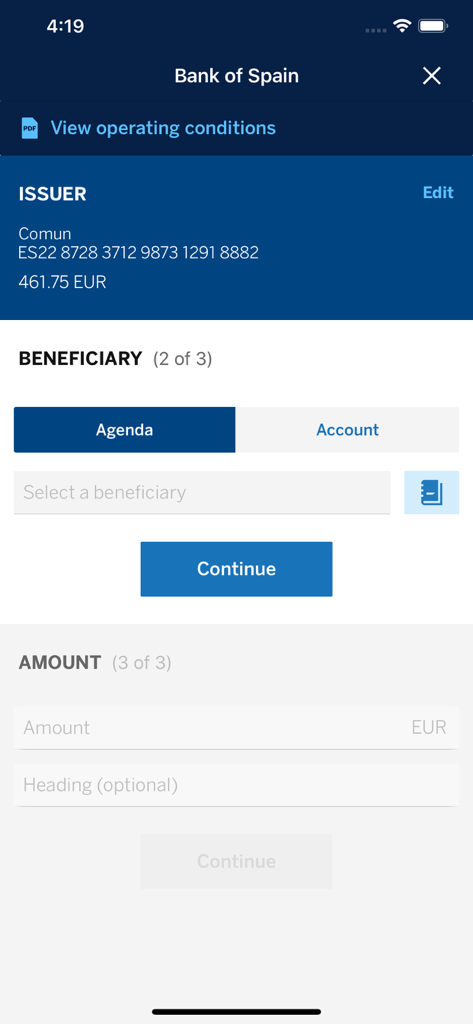 BBVA Net Cash | ES & PT - Interface for initiating a Bank of Spain transfer in the BBVA Net Cash mobile app
