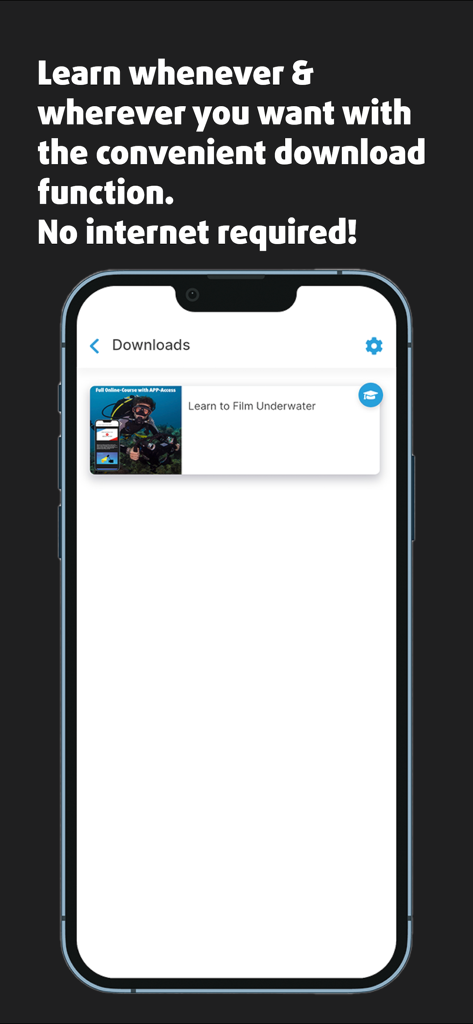 Underwater Video Academy - Captura de pantalla de la aplicación Underwater Video Academy que muestra la sección de descargas para ver cursos sin conexión.
