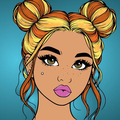 realistic girl with two buns on her hair and lips