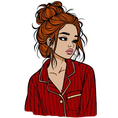 realistic woman with pajamas on and a messy bun
