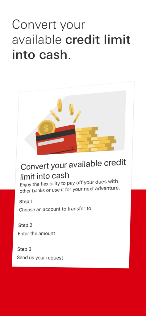 HSBC Singapore - HSBC Singapore app screen explaining how to convert a credit card limit into cash in three simple steps