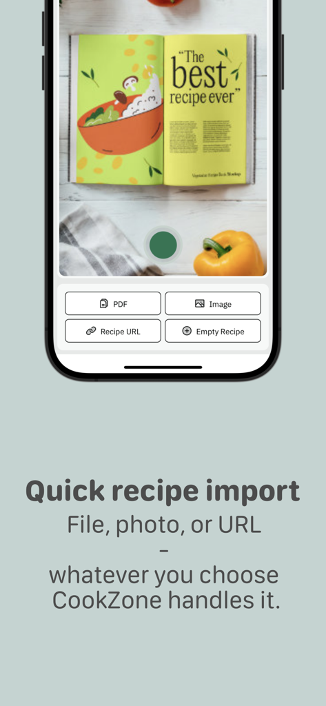CookZone - Recipes Manager - Interfaz de la app CookZone mostrando cómo importar recetas desde fotos, PDFs o enlaces web.