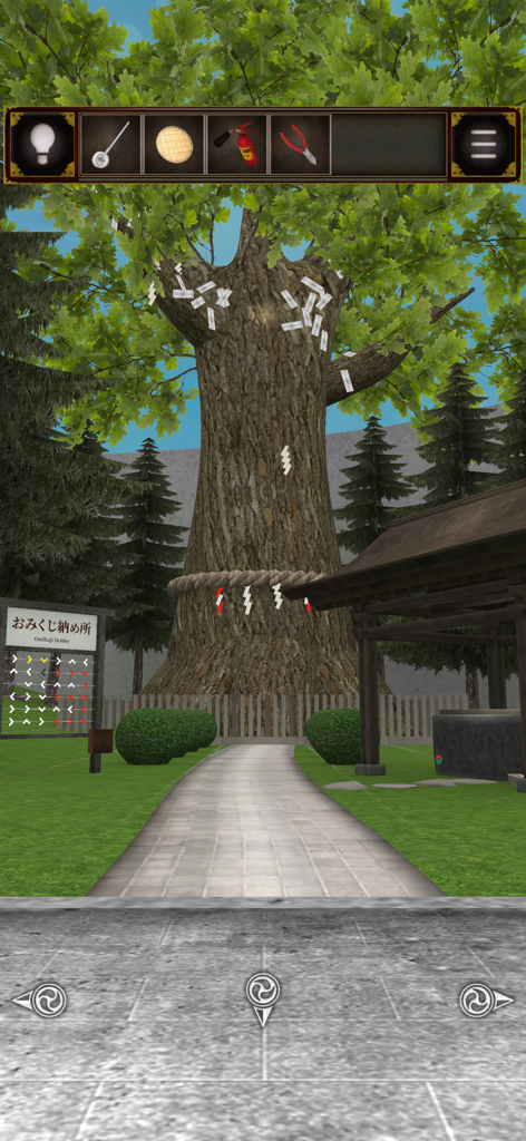 Sacred tree decorated with paper charms in the Japanese shrine escape game