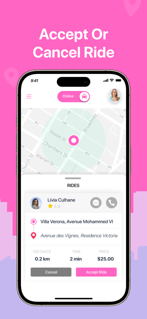 LadyGo Driver - LadyGo Driver mobile interface showing a ride request from a passenger with trip price and distance