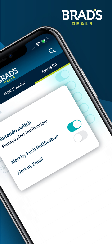 Brad’s Deals | Curated Deals - Brads Deals mobile app interface showing a menu to manage push and email notification alerts for a Nintendo Switch.