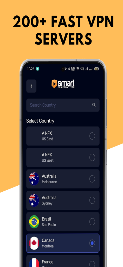 Smart DNS Proxy VPN app interface showing a list of global server locations like Australia Brazil and Canada