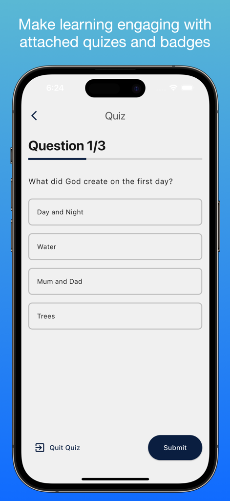Kids Bible Stories app | Grace - Una pregunta de prueba bíblica para niños en un teléfono móvil de la aplicación Grace