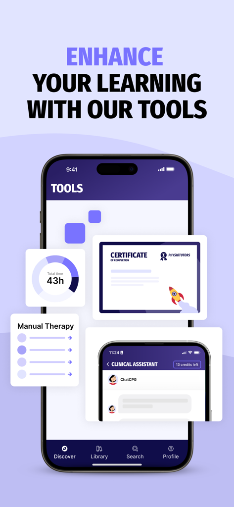 Physiotutorsアプリのダッシュボード。臨床アシスタントの手技療法ツールと専門コースの証明書が表示されます。