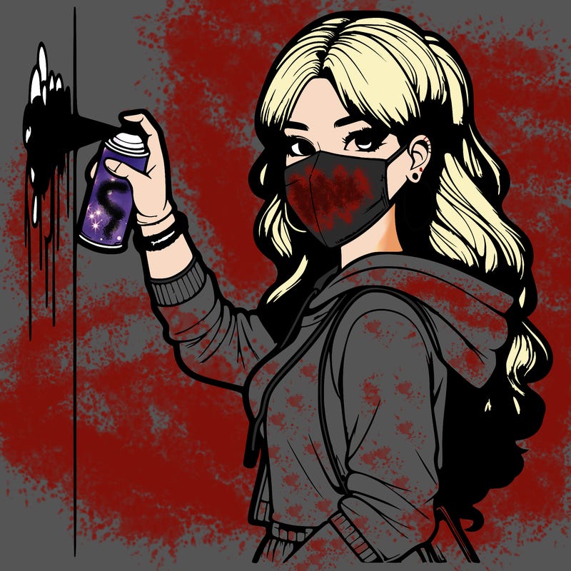 realistic girl with mask spray painting a wall