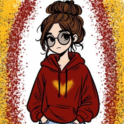 teen girl with a messy bun and glasses wearing a loose hoodie and jeans