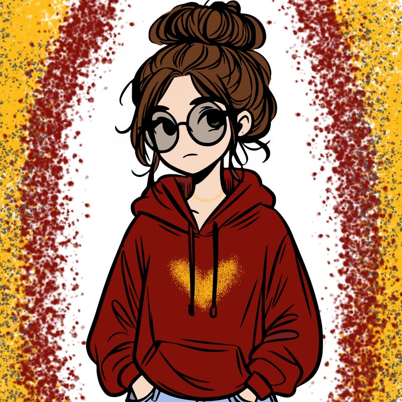 teen girl with a messy bun and glasses wearing a loose hoodie and jeans