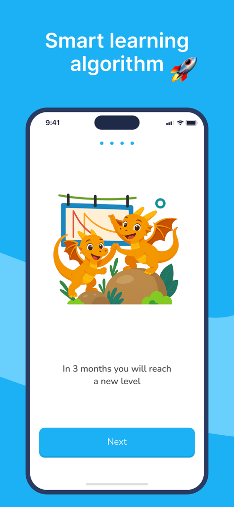 AI Spanish Minute - AI Spanish Minuteアプリの画面。ドラゴンキャラクターと進捗の約束が表示されたスマート学習アルゴリズムが表示されています