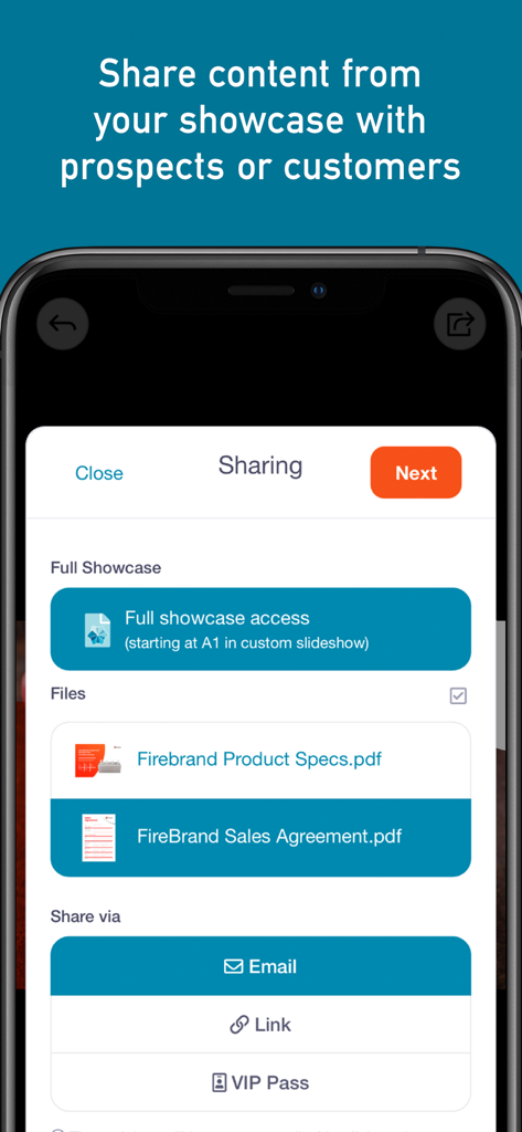 Showcase Workshop - The Showcase Workshop app sharing screen for sending sales documents to prospects.