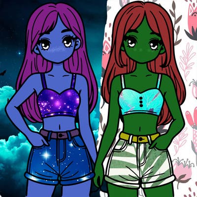 two sisters with crop tops and jean shorts and straight hair