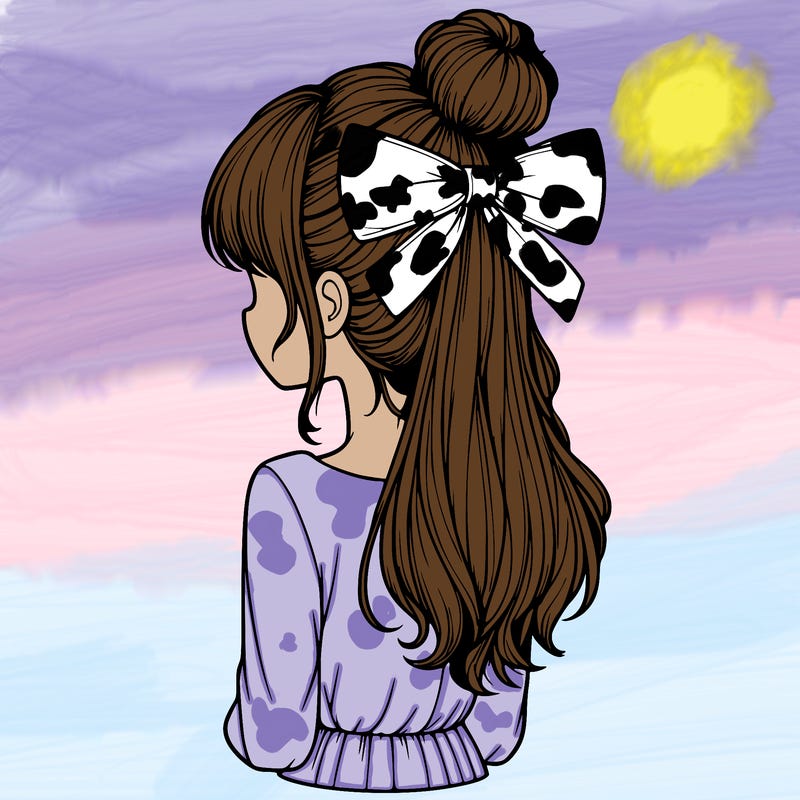 realistic girl  with hip length hair a bun and a big bow on the back of head