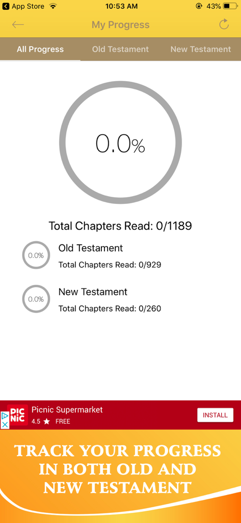 Bible In Basic English - BBE - Una captura de pantalla de la aplicación Biblia en Inglés Básico que muestra el progreso de lectura tanto para el Antiguo como para el Nuevo Testamento con rastreadores de porcentaje.
