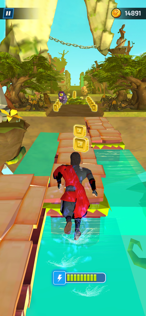 Ninja Games - Stickman Games - Un personaje ninja con un traje rojo corriendo por un camino flotante sobre el agua mientras recolecta monedas de oro en un juego de carreras infinitas en 3D