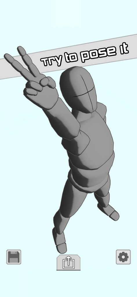 Make A Pose - A 3D grey mannequin making a peace sign pose within the Make A Pose app interface