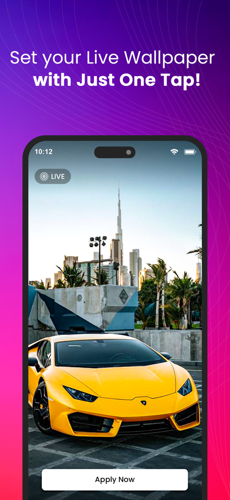 Ringtone Maker-create ringtone - An iPhone screen showing a live wallpaper preview of a yellow luxury sports car with the Burj Khalifa in the background and an Apply Now button
