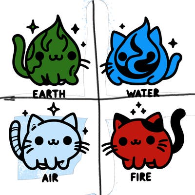4 cats that represent the different elements, earth, water, air, and fire