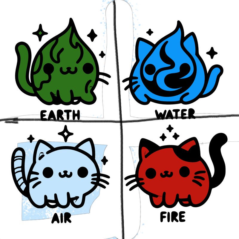 4 cats that represent the different elements, earth, water, air, and fire