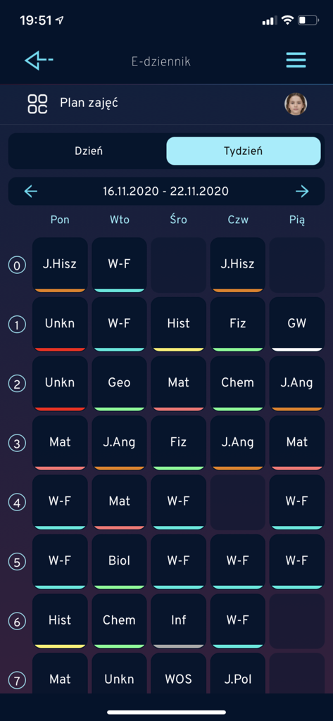 Gdynia.pl - Weekly school schedule interface in the Gdynia.pl mobile app e-diary