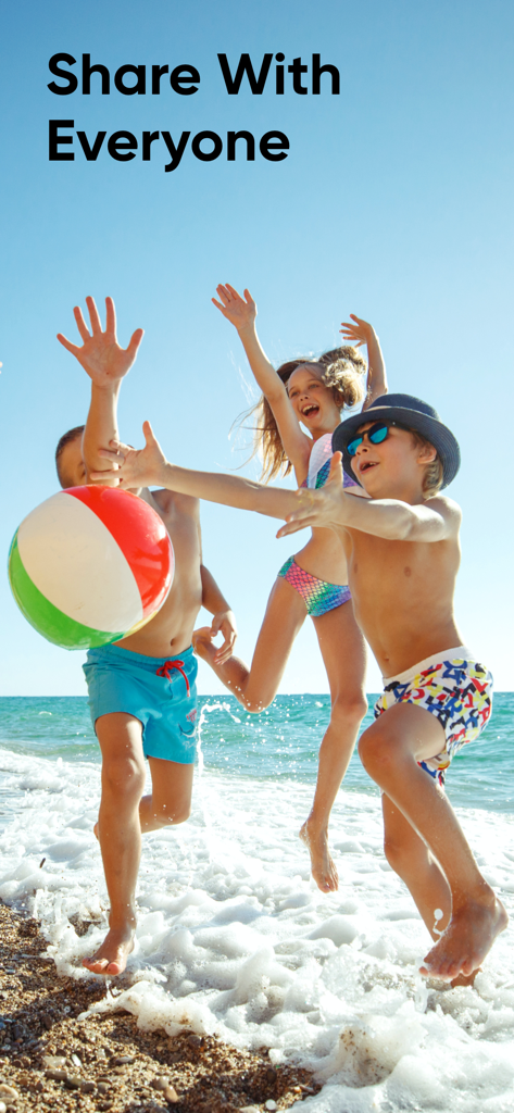 Add Music to Video Editor - children playing with beach ball on the shore with share with everyone text overlay