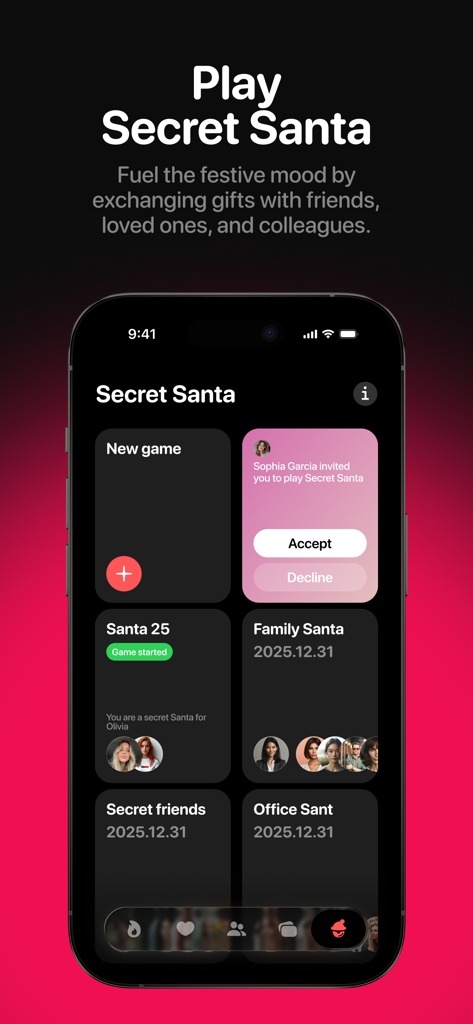 Ohmywishes: Wishlists & Gifts - Interface de l'application Ohmywishes pour organiser des échanges de cadeaux du Père Noël secret entre amis et collègues.