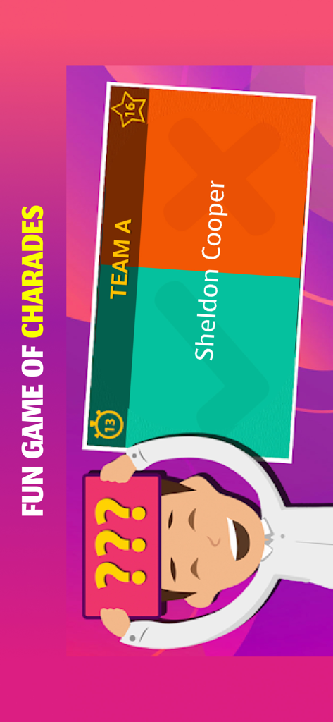 Charades - Forehead Team Game - A cartoon illustration of a person playing the forehead guessing game with a celebrity category card.