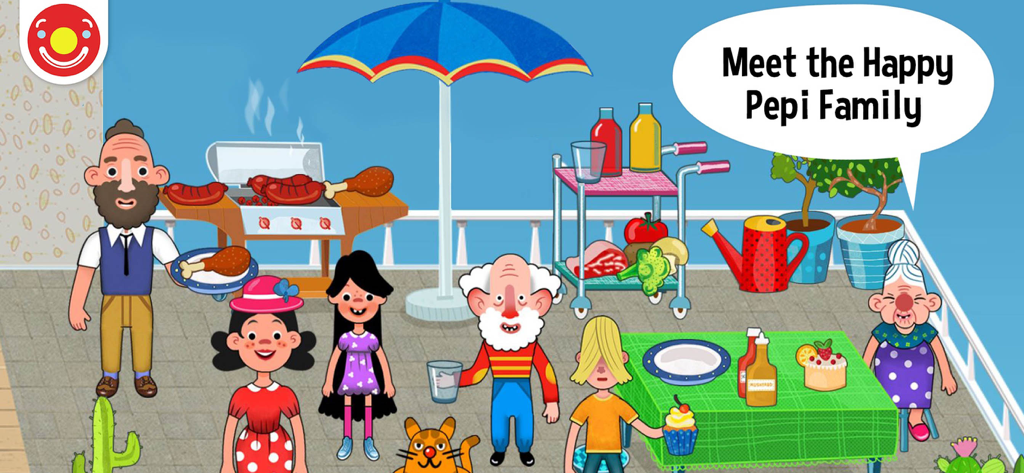 A group of colorful cartoon characters from the Pepi family gathered on a terrace with food and drinks.
