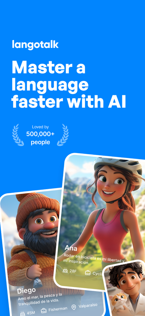Langotalk app interface showing AI characters for conversational language learning