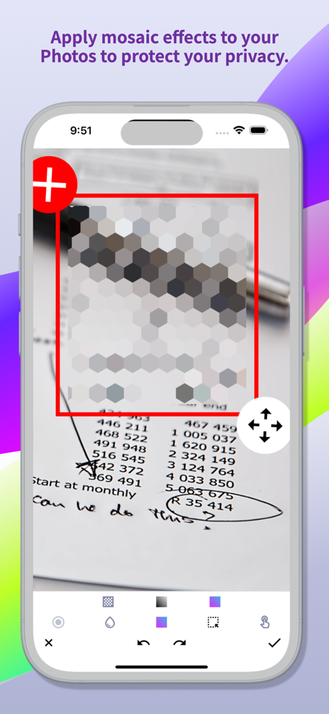 iPhone screenshot showing a document with sensitive data being pixelated using the mosaic tool in Snap Markup