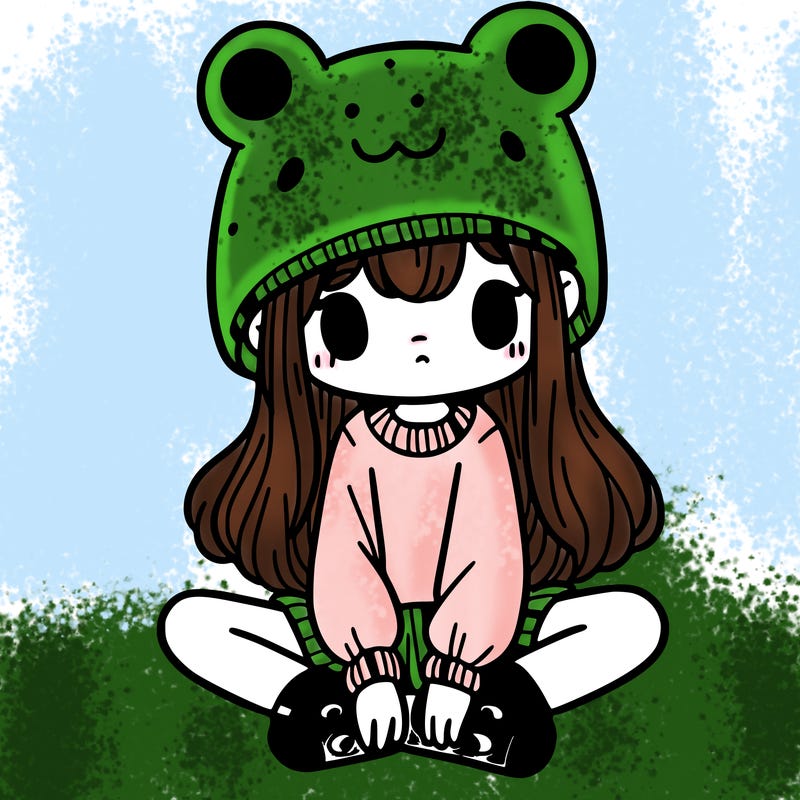 a girl wearing a frog hat and some frog socks
