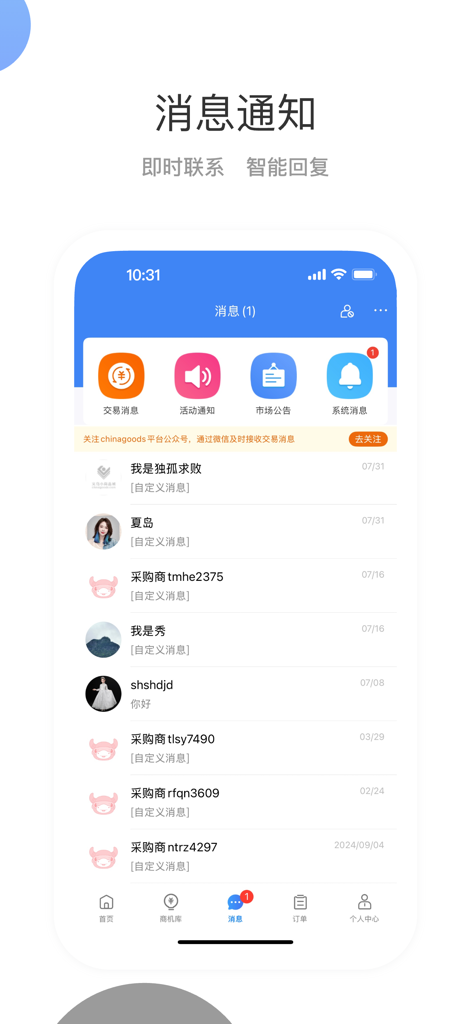 Message notification screen of the Chinagoods Seller Edition app showing buyer chats and transaction alerts