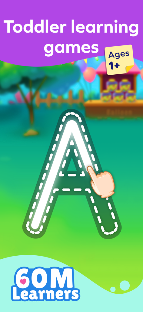Splash Jr: Toddler Games 2-4 - A toddler tracing the letter A in a preschool learning app