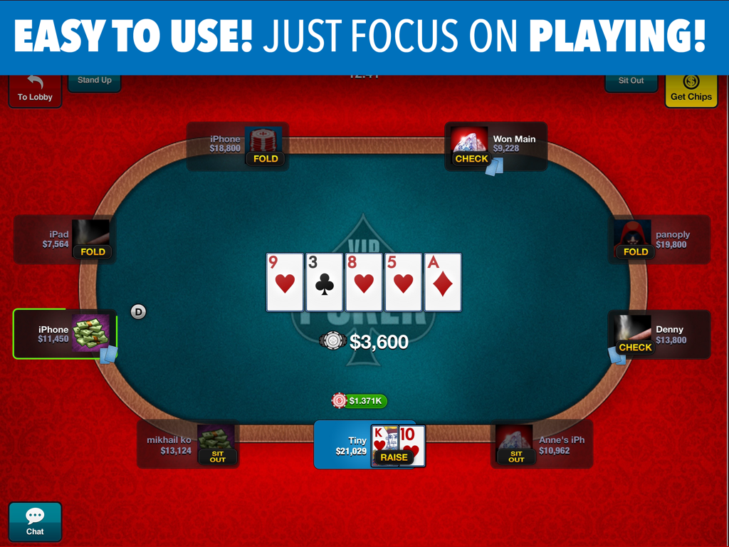 Gameplay de VIP Poker HD Texas Hold'em montrant une table à 9 joueurs sur iPad avec des cartes et des jetons.
