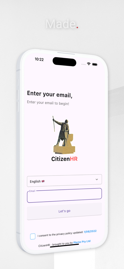 CitizenHR: Croatia Citizenship - Anmeldeseite der CitizenHR mobilen App für Dienstleistungen zur kroatischen Staatsbürgerschaft mit E-Mail-Eingabe und Heritage-Logo