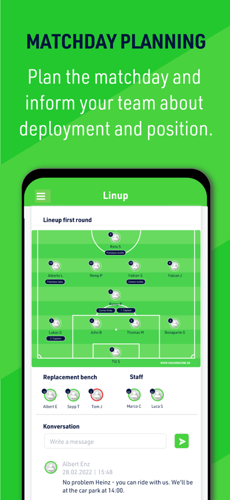 Coaching Zone - Coaching Zone mobile app screenshot showing soccer matchday planning with team lineup on a field