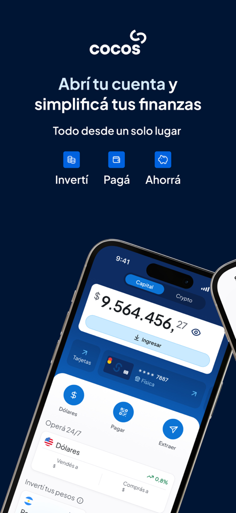 Cocos: Invertí, ahorrá y pagá. - Mobile phone screen showing the Cocos app dashboard with account balance and financial management options.