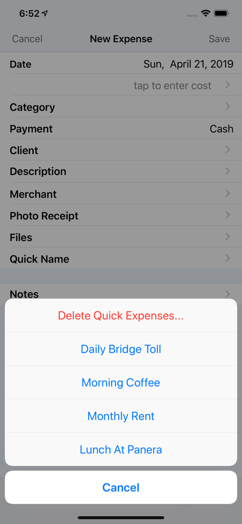 BizXpenseTracker Pro interface displaying quick expense shortcuts on the new entry screen