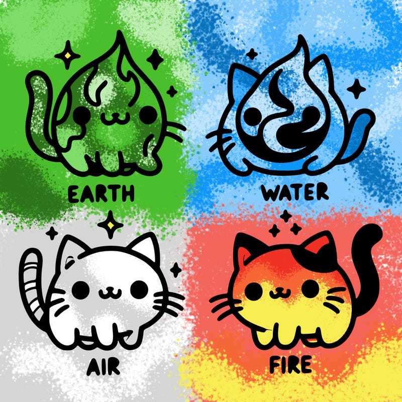 4 cats that represent the different elements, earth, water, air, and fire