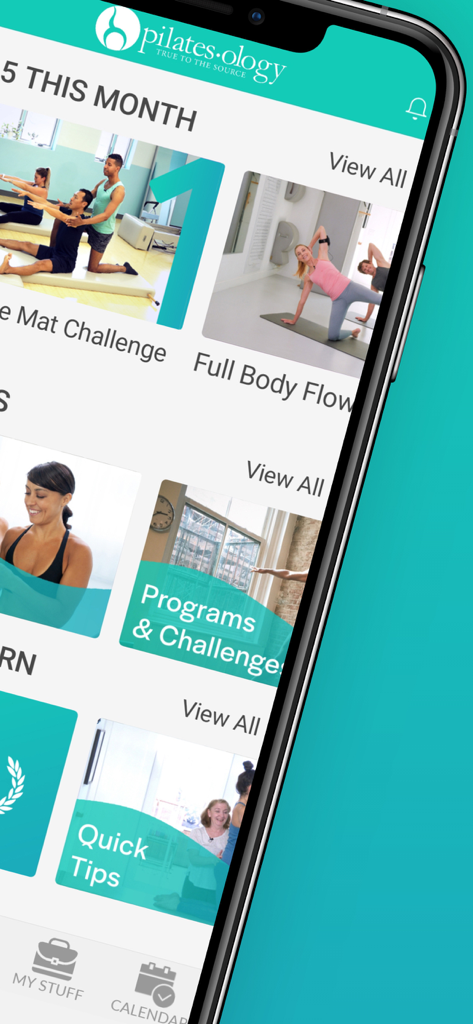 Pilatesology app interface showing various classical pilates workout programs and challenges