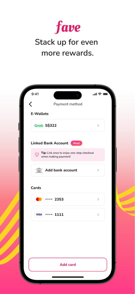 Fave app interface for selecting payment methods including e-wallets and credit cards to earn rewards.